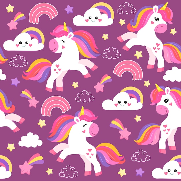 Modelli colorati senza cuciture con unicorni in stile cartone animato per bambini illustrazione vettoriale