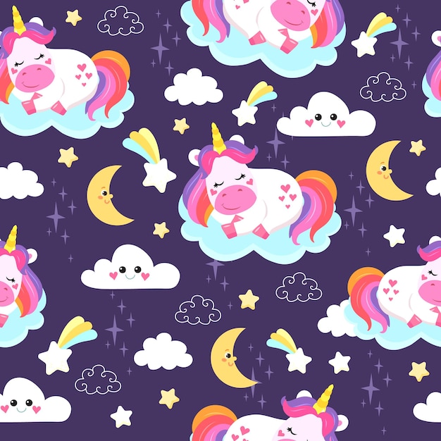 colorful seamless patterns with unicorns in cartoon style for kids vector illustration