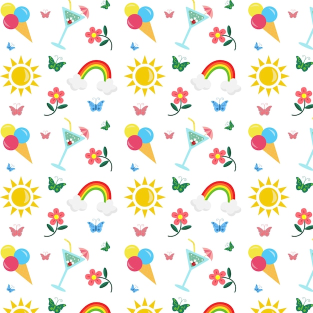 Colorful seamless summer pattern with hand drawn beach elements