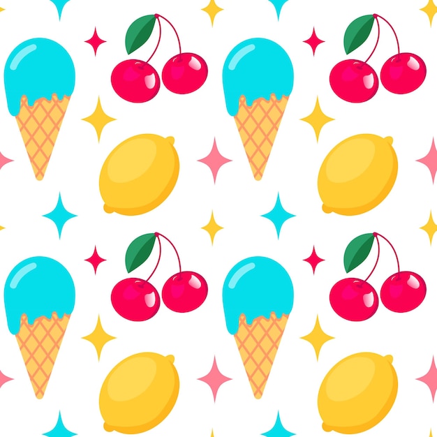 Colorful seamless summer pattern with ice cream lemons cherry and stars