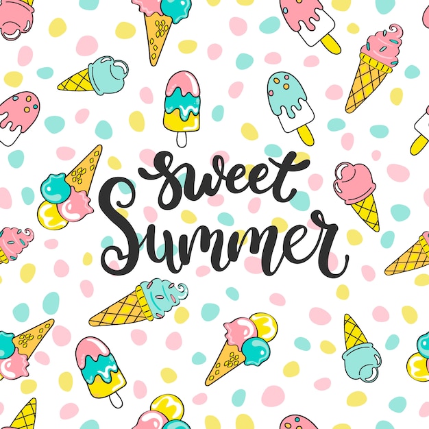 Colorful seamless sweet summer pattern with hand drawn different ice creams