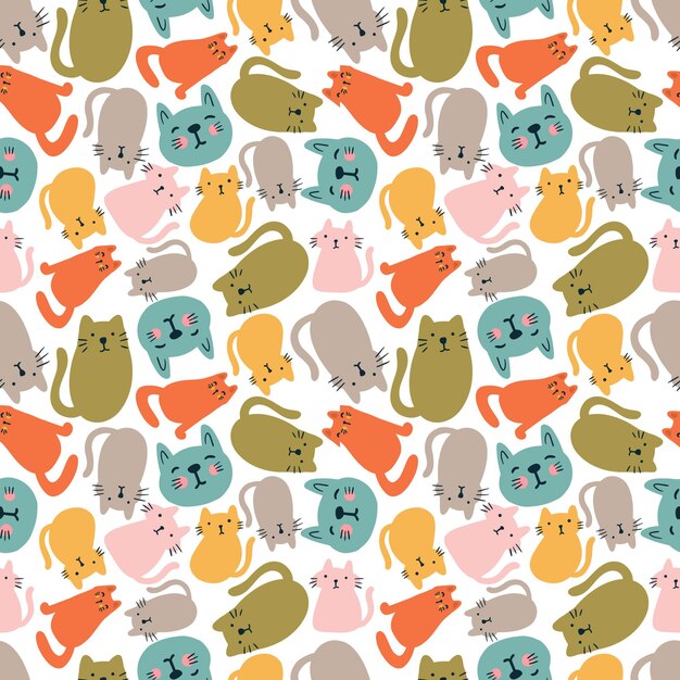 Colorful seamless vector pattern with cute cat animals on the background