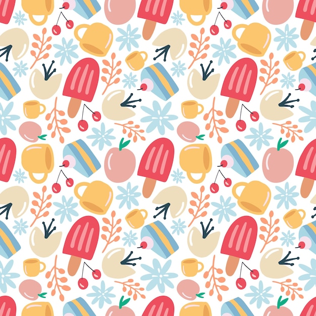 Vector colorful seamless vector pattern with dessert food and cup on the background