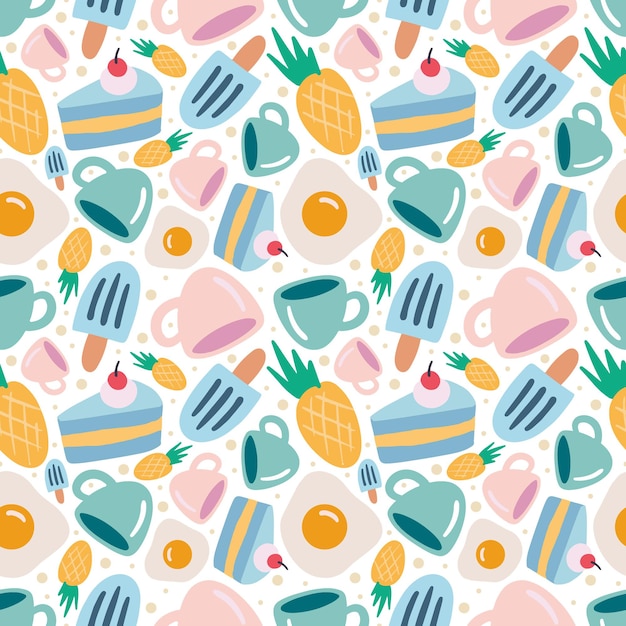 Colorful seamless vector pattern with dessert food and cup on the background