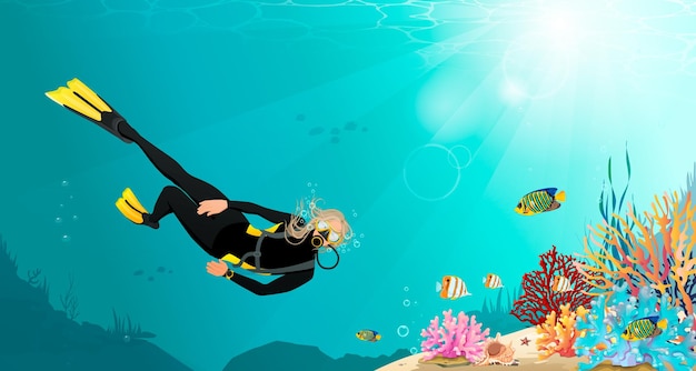 Colorful seascape with woman free diver exploring sea bottom with coral reef fish girl in mask and wetsuit underwater swimming with ocean wildlife female character snorkeling vector illustration