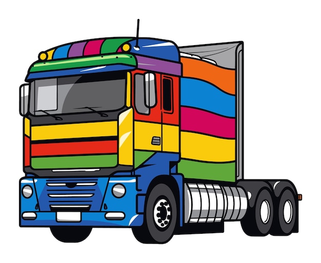 ベクトル カラフルなセミトラック レインボーストライプ 輸送車両 ホイーラー 明るい輸送テーマ 貨物