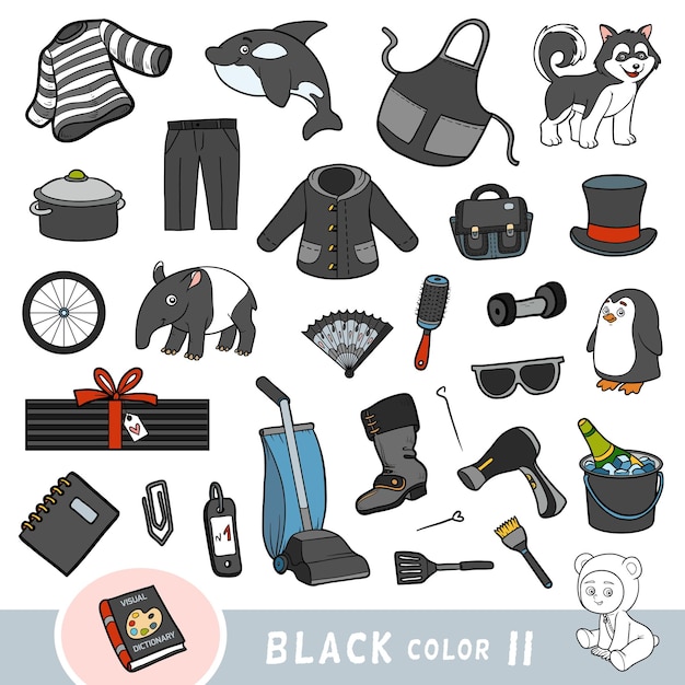 Красочный набор предметов черного цвета. Иллюстрированный словарь для детей об основных цветах.