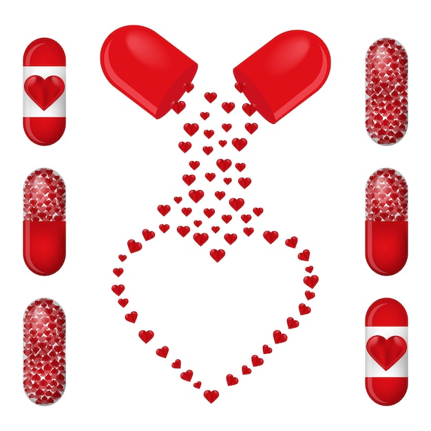 Vector colorful set of capsules with hearts for valentine's holiday