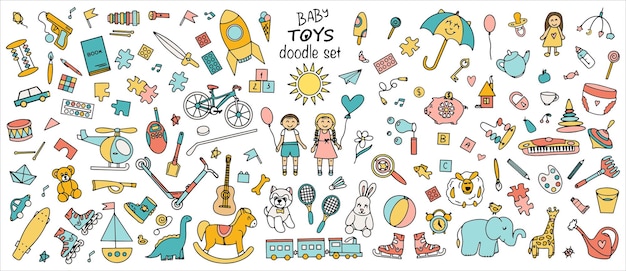 a colorful set of children39s toys sports and creative items doodle vector illustration