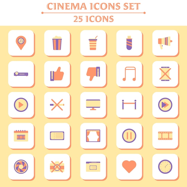 Colorful Set Of Cinema Icons In Square Background