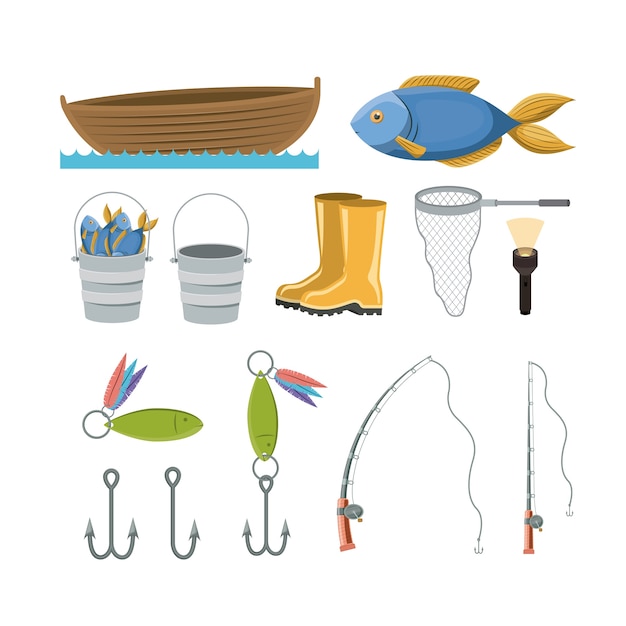 Elementi colorati insieme di raccolta alla pesca