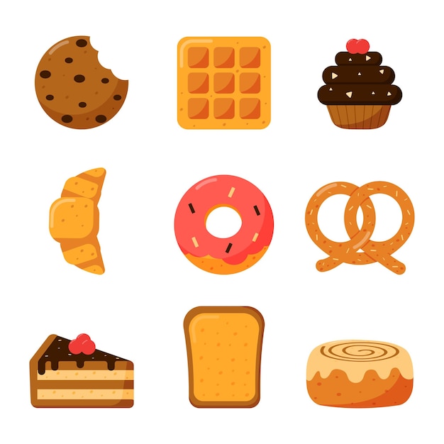 colorful set of cute cartoon bakery and pastry products
