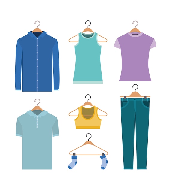 colorful set elements clothes in hangers