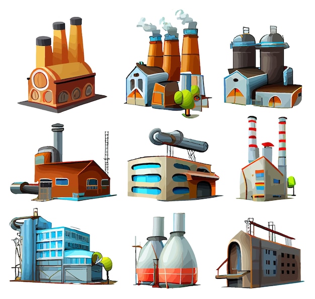 Colorful set of factory in cartoon style isolated on white background. Vector