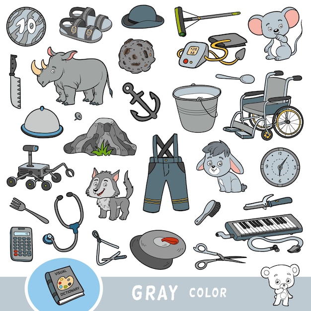 Colorful set of gray color objects Visual dictionary for children about the basic colors