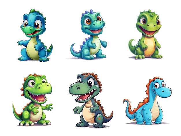 小さな漫画の恐竜のキャラクターのカラフルなセット 白い背景に分離された恐竜アイコン セット
