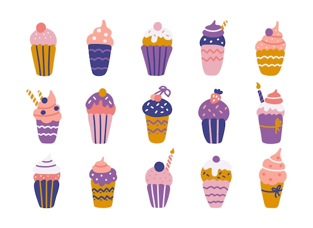 생일이나 파티를 위한 다채로운 머핀 컵케이크와 크림 케이크 세트 휴일을 위한 벡터 요소