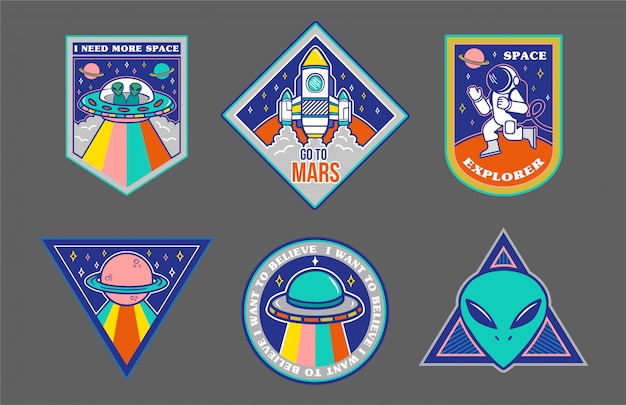 Colorful set of patches, stickers, badges with hand drawn space style objects: alien, ufo, spaceship, astronaut.