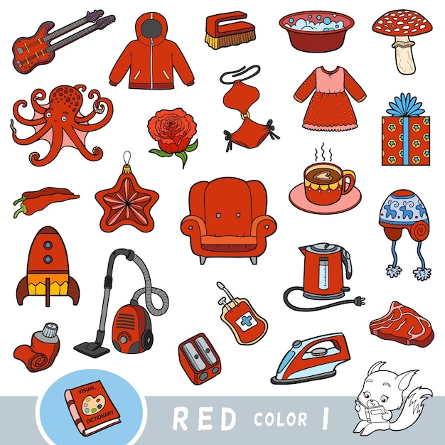 Set colorato di oggetti di colore rosso dizionario visivo per bambini sui colori di base