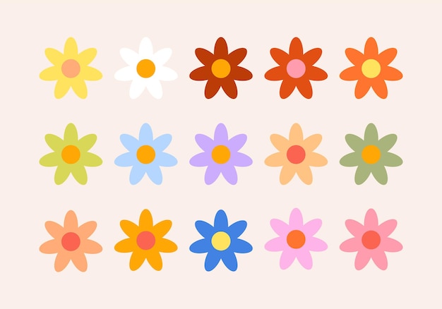 Colorful set of retro flowers in a hippie style