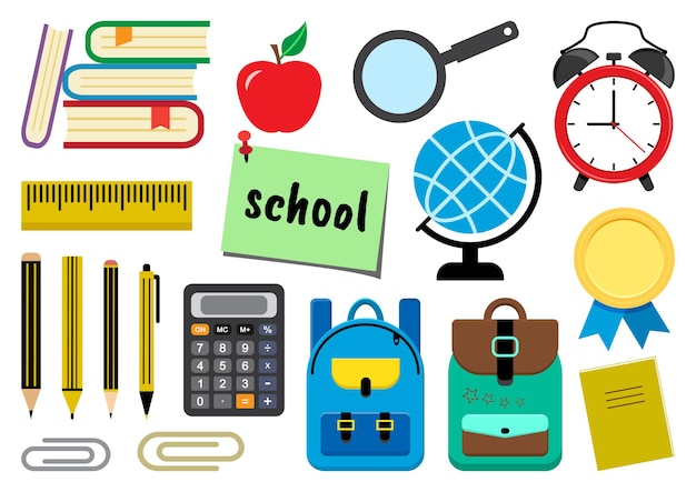 Vector colorful set of school supplies. vector illustration