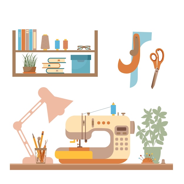 Vector colorful sewing workshop concept.