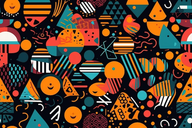 Colorful shapes on black background in the style of minimalist brush work stripes and shapes
