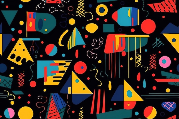 Colorful shapes on a black background in the style of minimalist brush work stripes and shapes