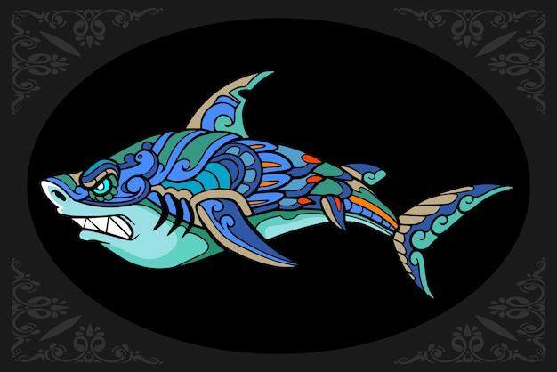 Colorful shark zentangle arts isolated on black background