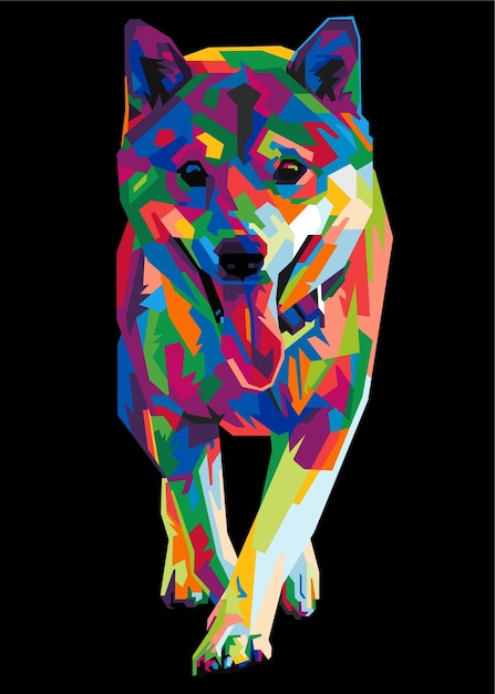 멋진 격리된 팝 아트 스타일 backround WPAP 스타일이 있는 다채로운 shiba inu 개 머리