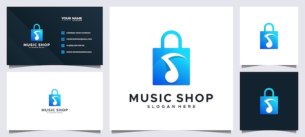 colorful shopping logo and business card, with bag concept and note music