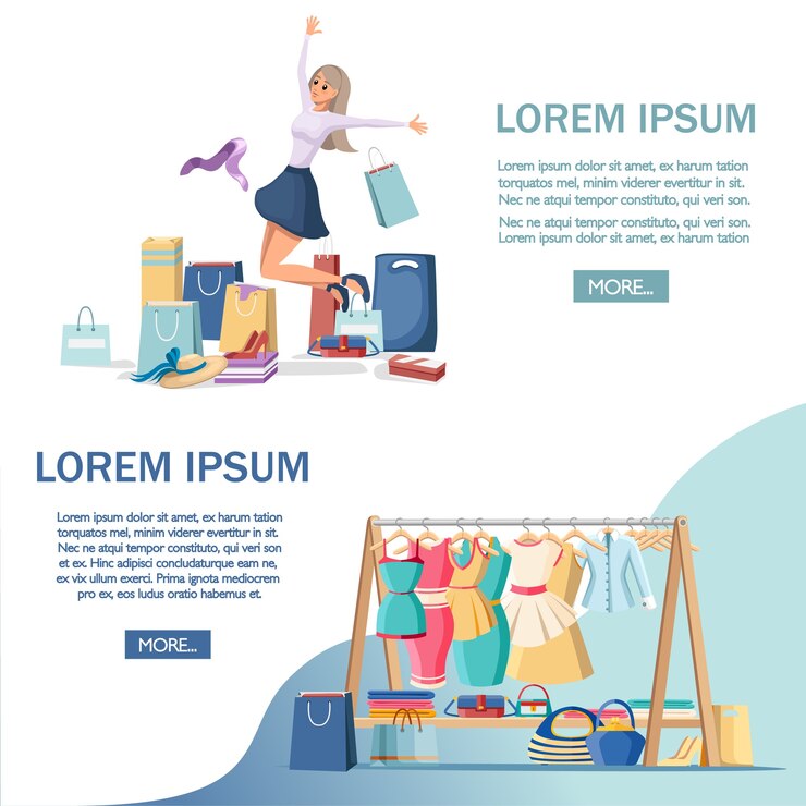 Colorful shopping paper bags. Happy women on white shirt and blue skirt.