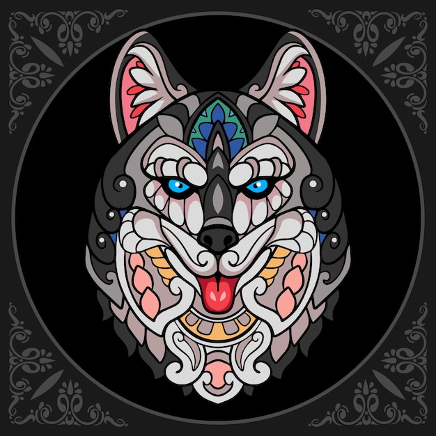 Arti colorate di zentangle del cane husky siberiano isolate su sfondo nero