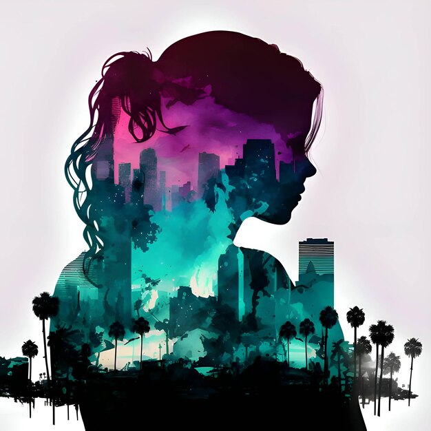 Vector colorful silhouette of a girl on city background