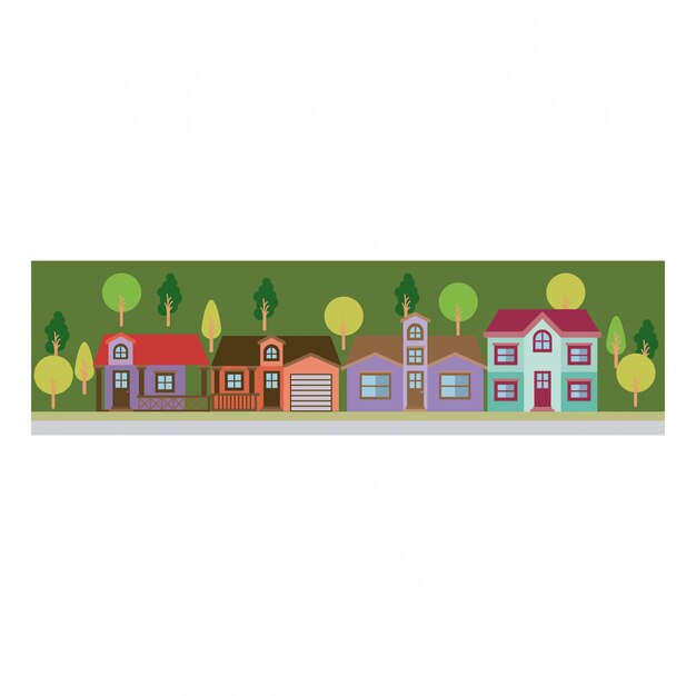 Vector colorful silhouette of landscape with country neighboring houses