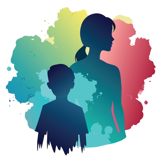 水彩の背景の女性と子供のカラフルなシルエット画像のベクトル