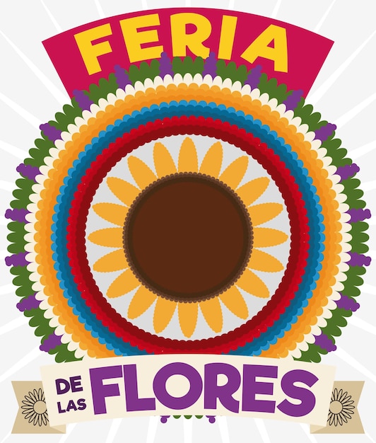 Vector colorful silleta with ribbons for colombian festival of the flowers written in spanish