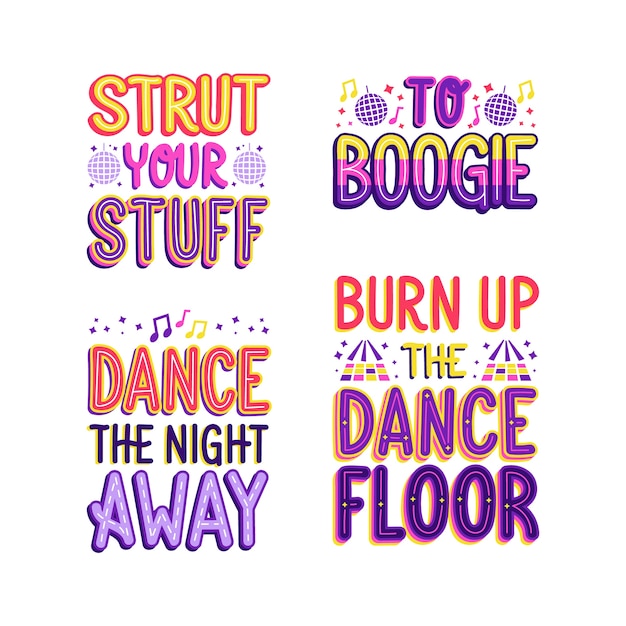 Colorful sing and dance lettering stickers set