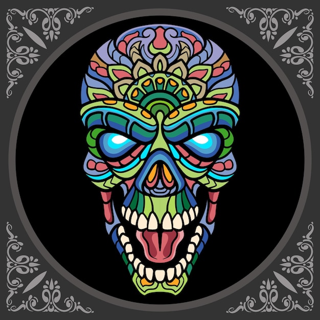 Colorful skull head zentangle arts isolated on black background