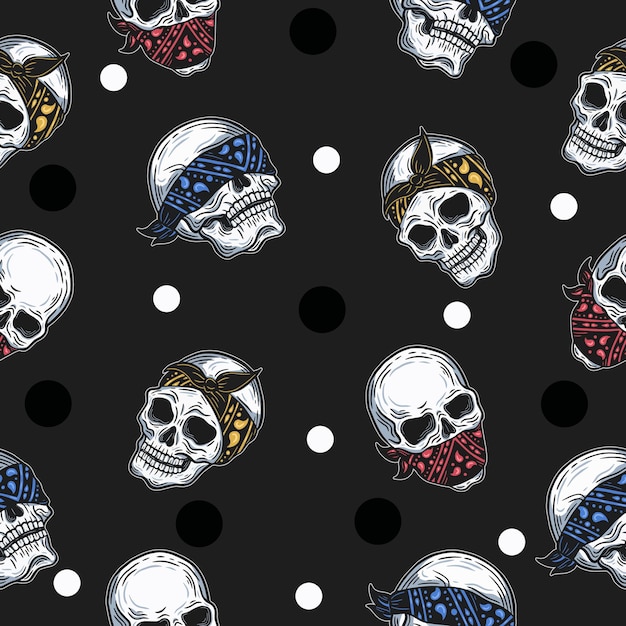 Vector colorful skull seamless pattern white and black object wallpaper with design on gray