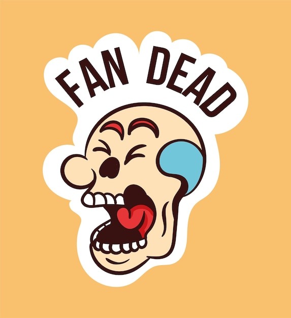 Vector colorful skull sticker with fan dead lettering old school style of art stylish vintage laughing
