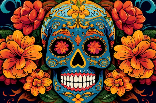 A colorful skull with flowers around it