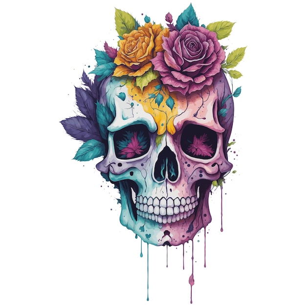 A colorful skull with flowers and roses on it.