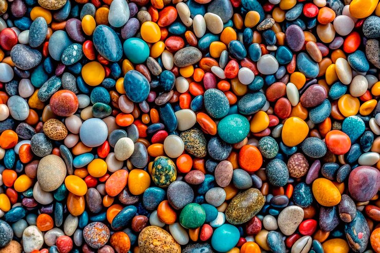 Vector colorful smooth round sea pebbles and various stones closeup texture pattern pebble texture