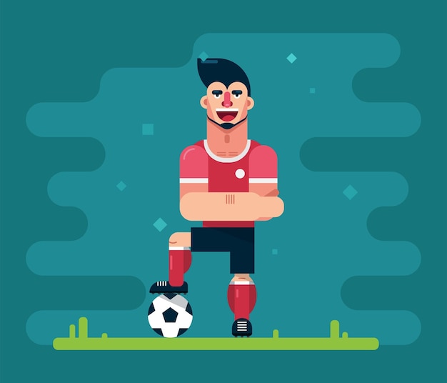 Красочный футболист с мячом в модном плоском стиле, векторная иллюстрация