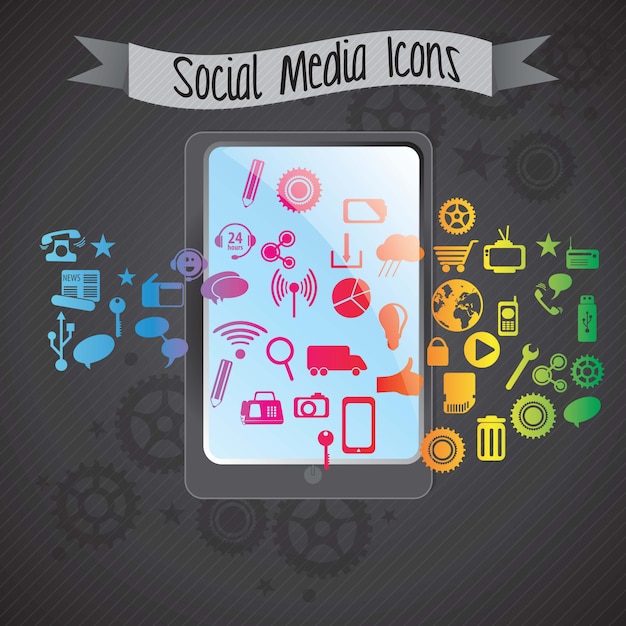 Vector colorful social media concept with smartphone (icons set) on dark  background