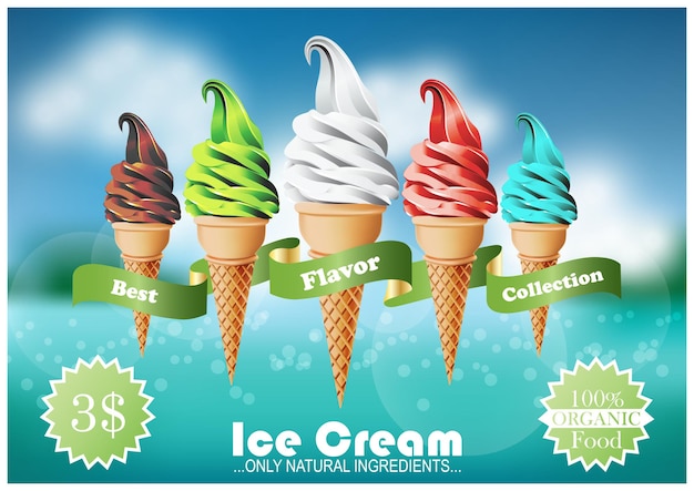 Vector colorful soft ice cream in the cone different flavors on sea background