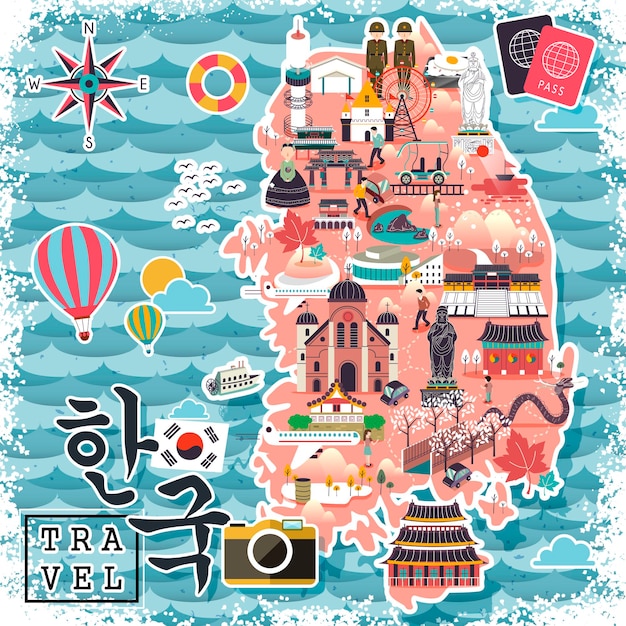 Colorful south korea travel map - korea in korean words on lower left