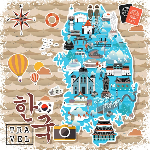 Vector colorful south korea travel map - korea in korean words on lower left