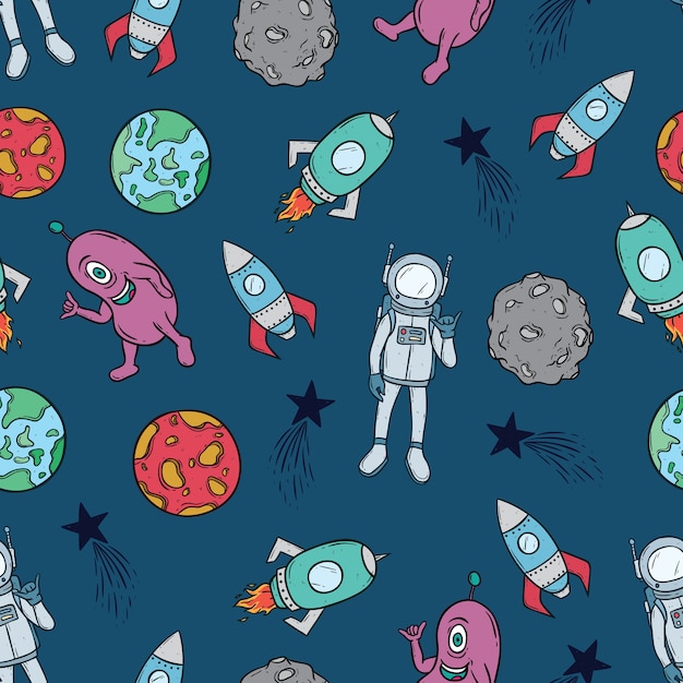 colorful space objects seamless pattern using doodle art